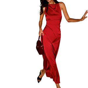 NWT REVOLVE & MINIMALIST lovers COMMENSE cowl neck cross back maxi satin dress M